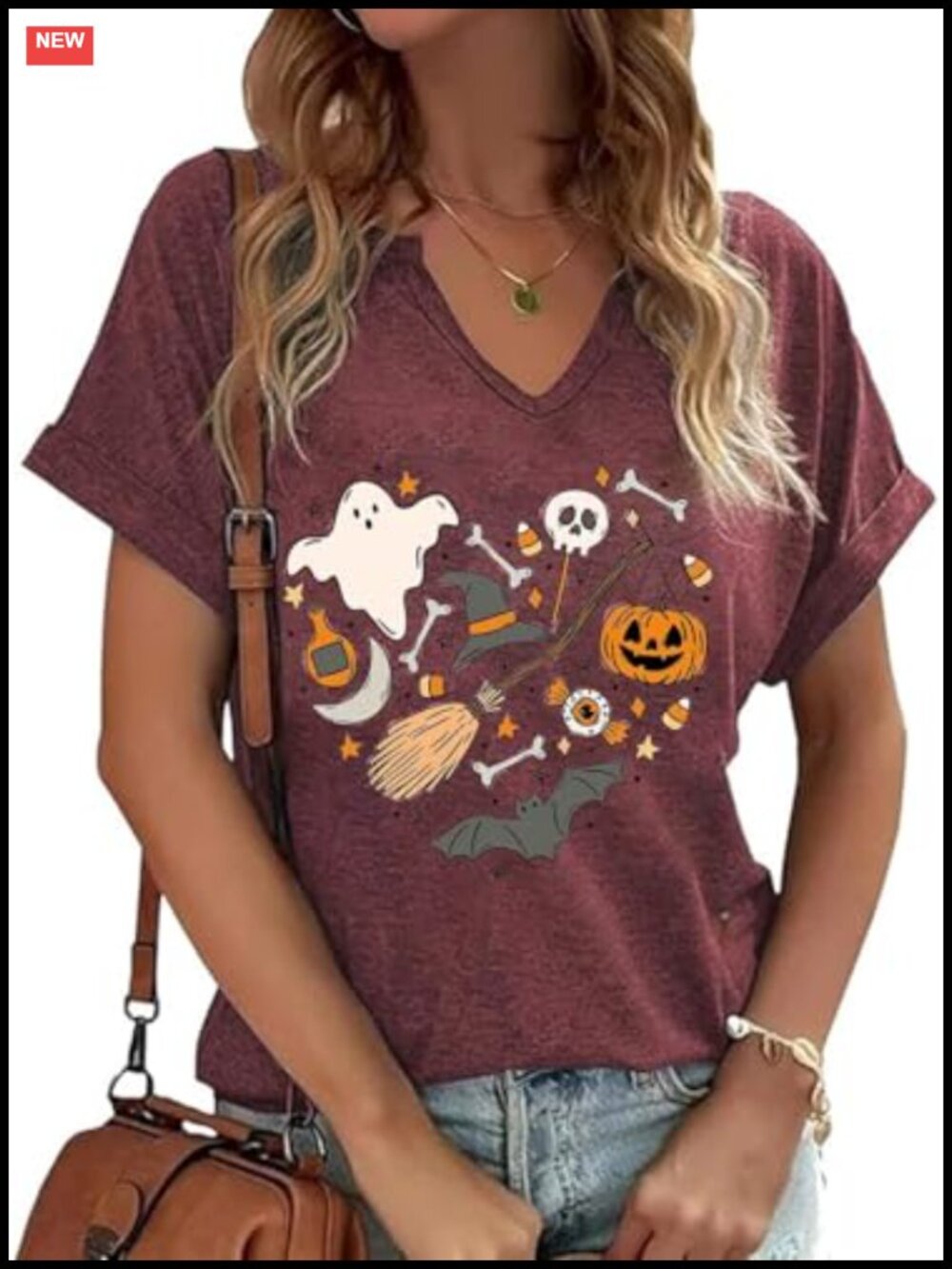 Halloween Pumpkin Graphic T-Shirt Women Short Sleeve V-Neck Cotton Blend Tee